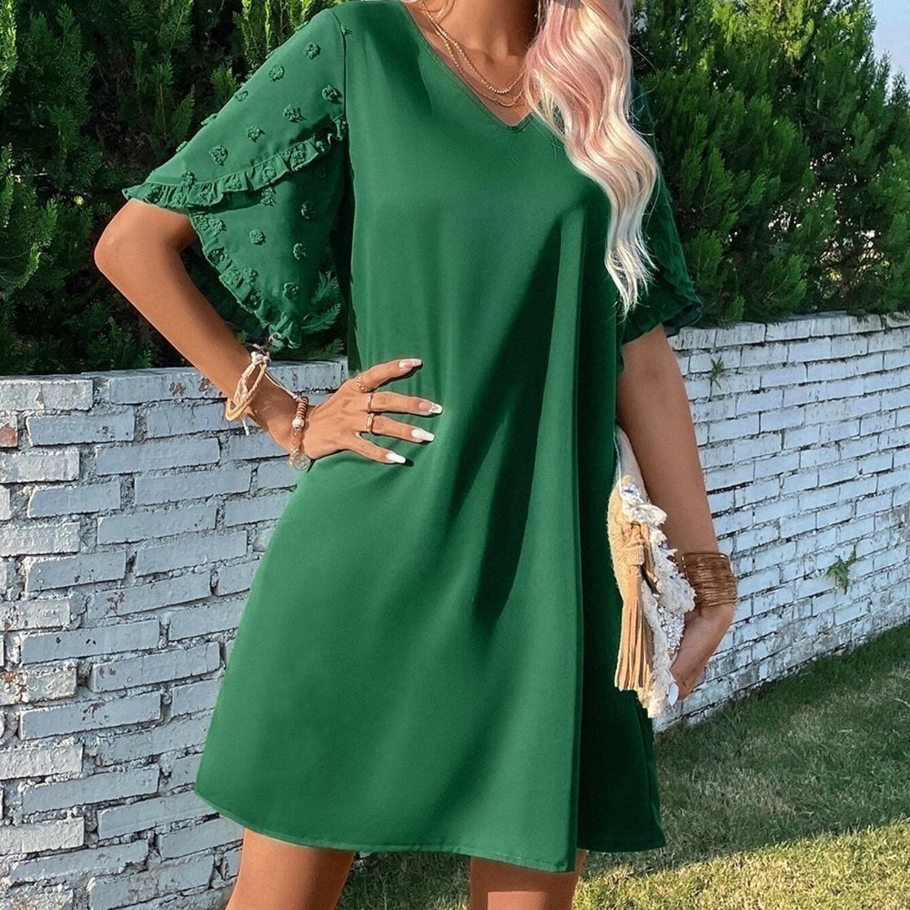 Green Swiss Dot Petal Sleeve Tunic Dress - Picture 5 of 5